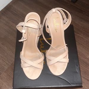 Lulu’s Archyy Nude Suede Platform Ankle Strap Heels